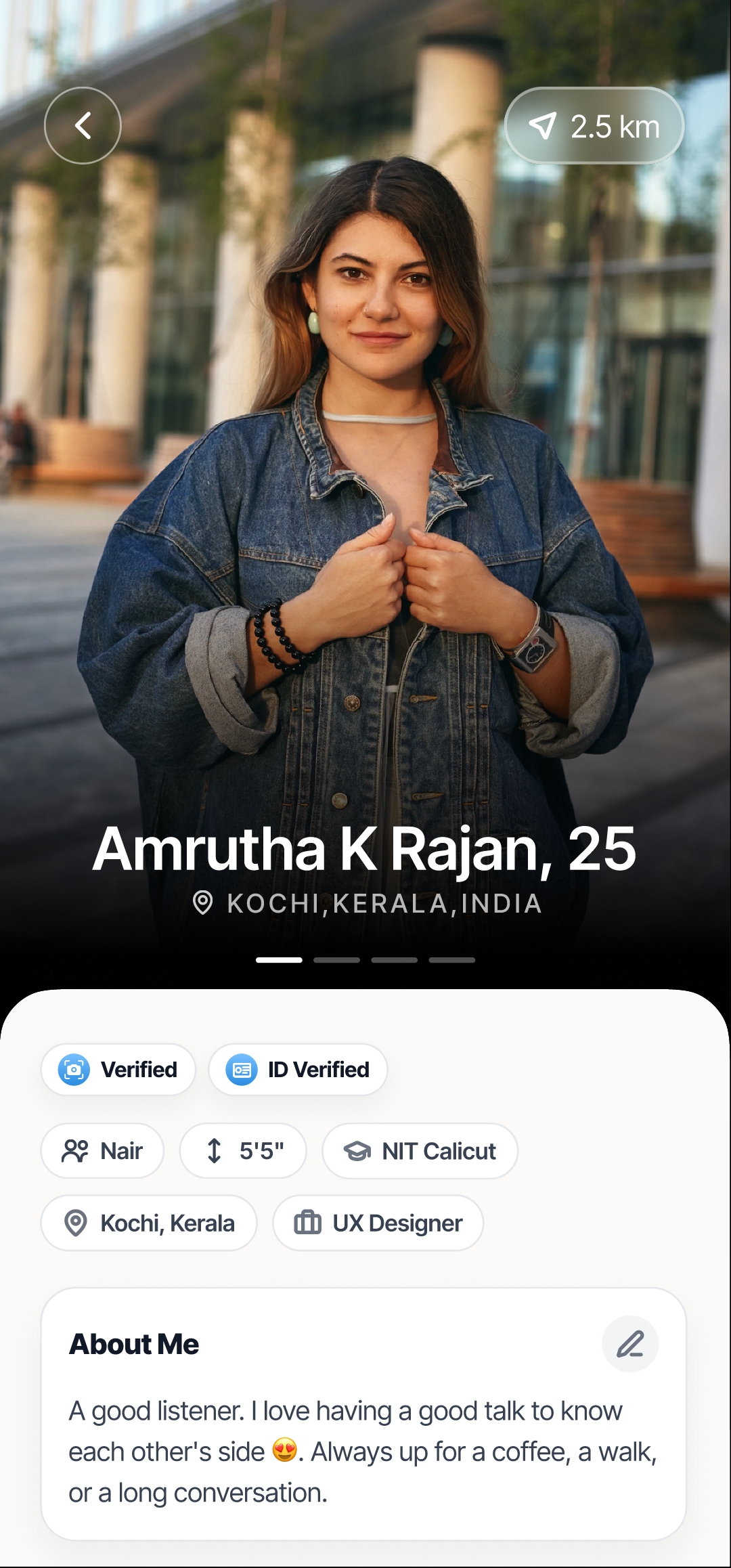 Ente Matrimony profile details screen showing verified badges, education, and career of a Malayali match