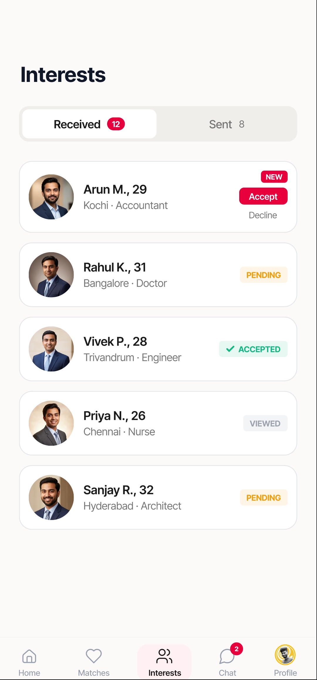 Ente Matrimony interests screen listing received and sent interests from Malayali profiles