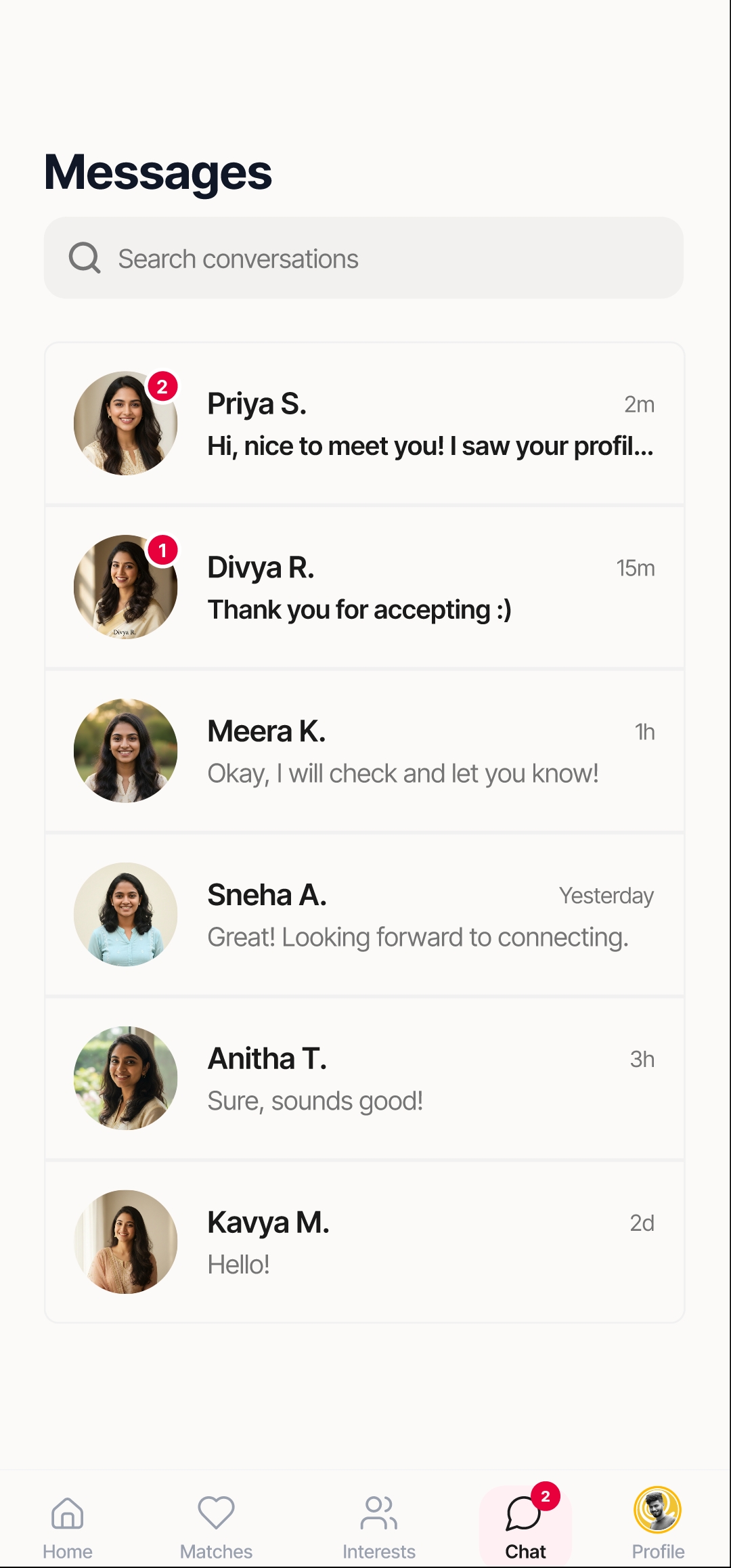 Ente Matrimony messages screen showing private conversations between matched Malayali members