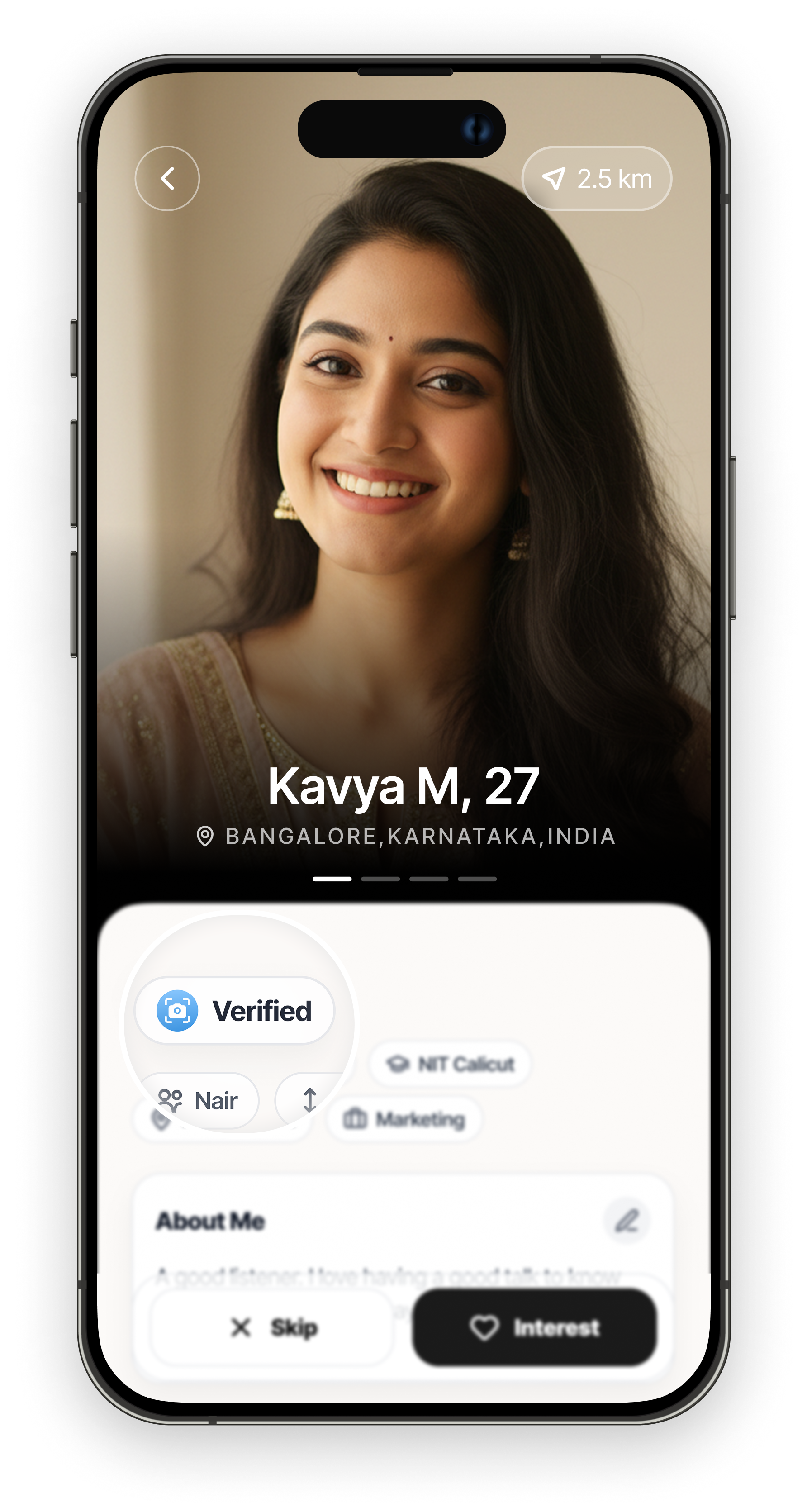 Ente Matrimony profile details screen showing verified badges, education, and career of a Malayali match